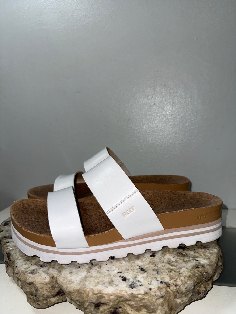 Reef Cushion Vista Hi Women's Arch Support Sandals White Dual-Strap Cork Sz 9 - Picture 5 of 13